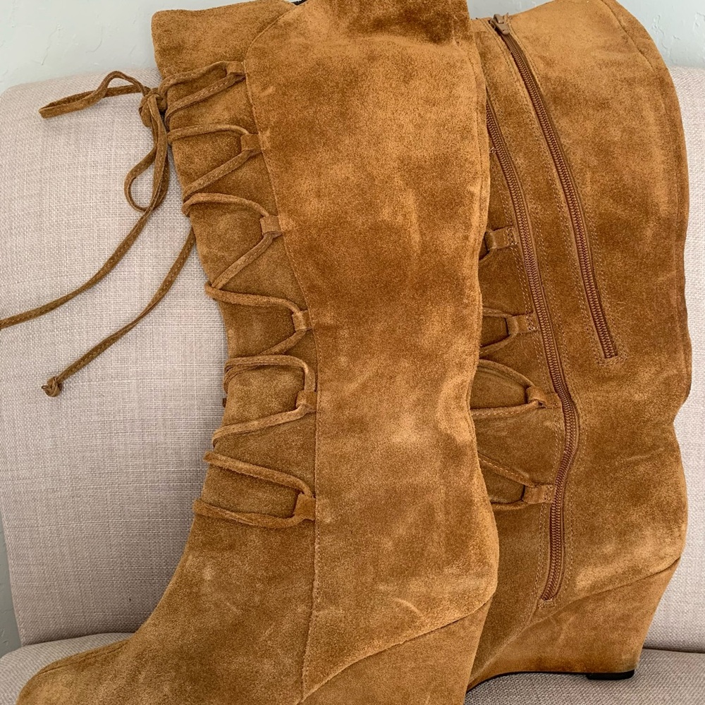 Aerosoles Suede Lace-Up Wedge Boots in Caramel Tan